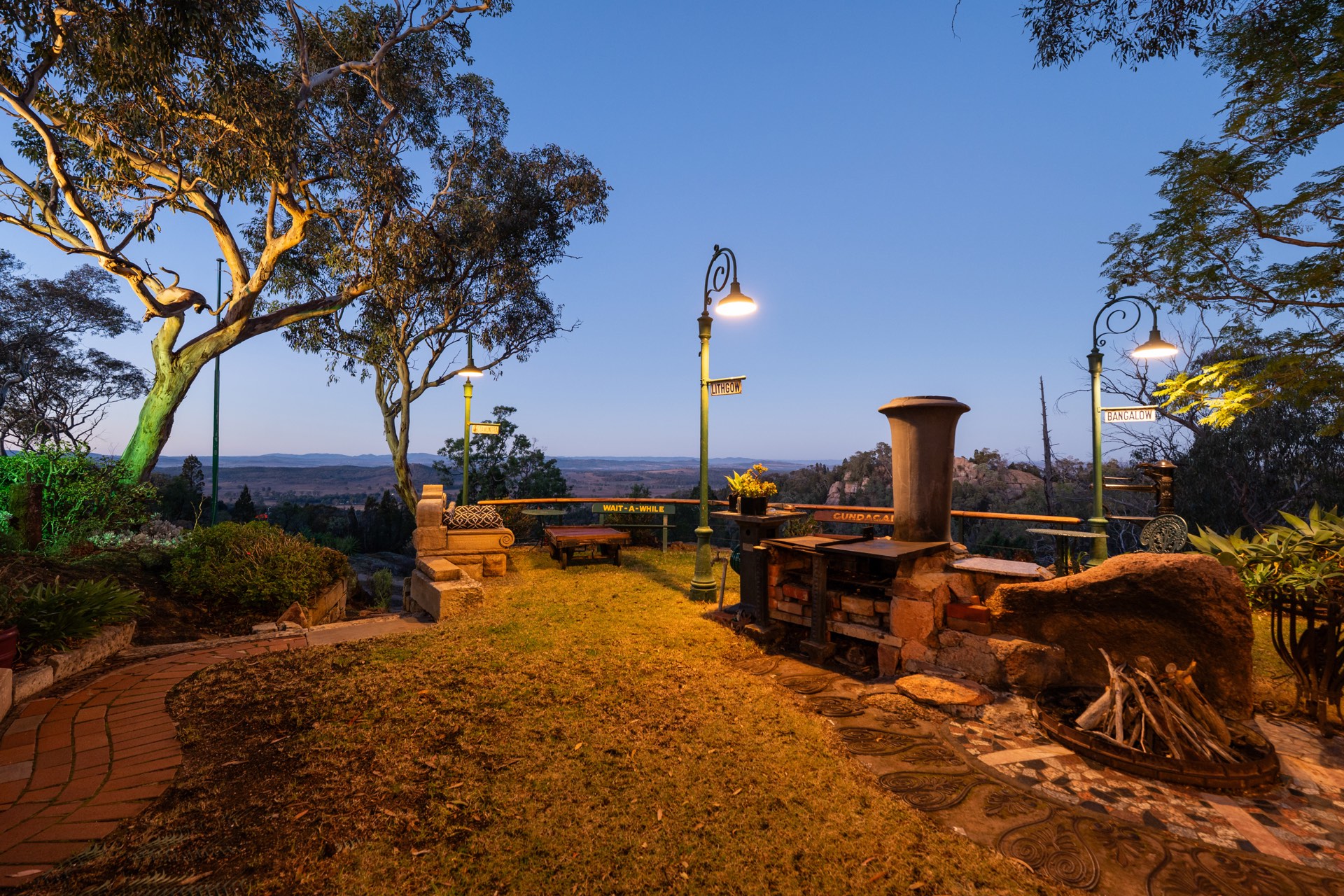 The lookout at dusk with heritage lamp posts